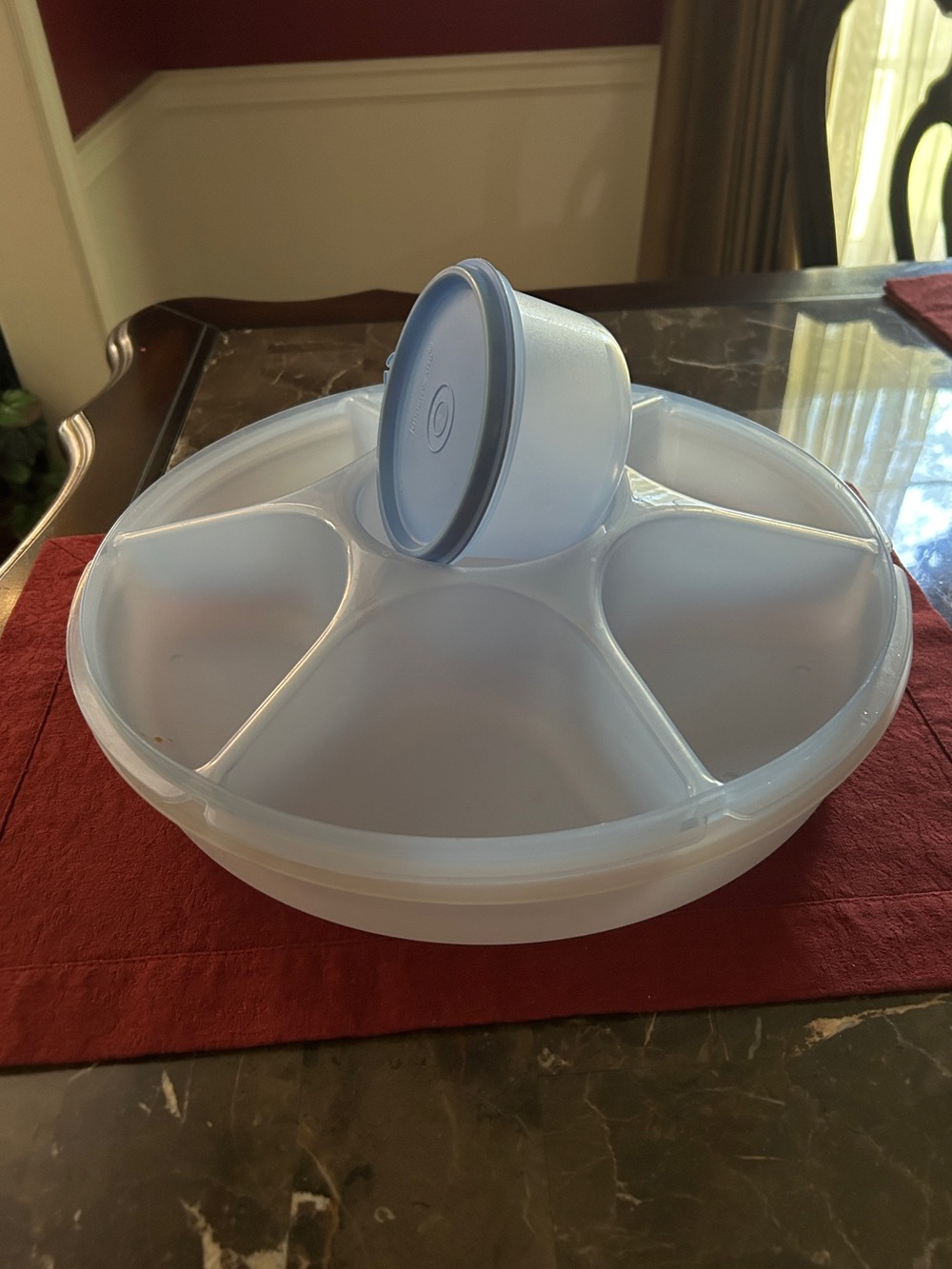 Vintage Tupperware divided Serving Tray with Removable Dip Bowl - Light Blue